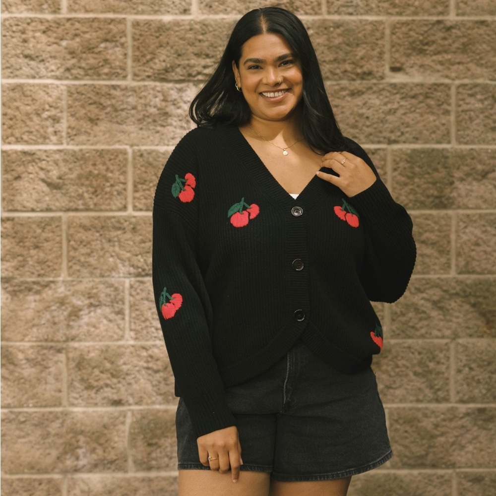 NWT Smash + Tess Black Cherry-Embroidered Button Front Sweater Cardigan